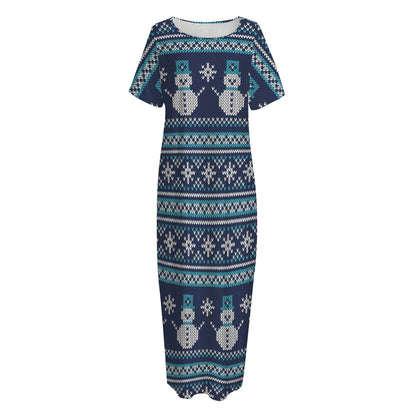 Christmas Snowman Knitted Pattern Print Short Sleeve Long Nightdress