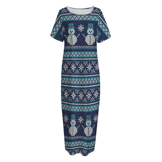 Christmas Snowman Knitted Pattern Print Short Sleeve Long Nightdress