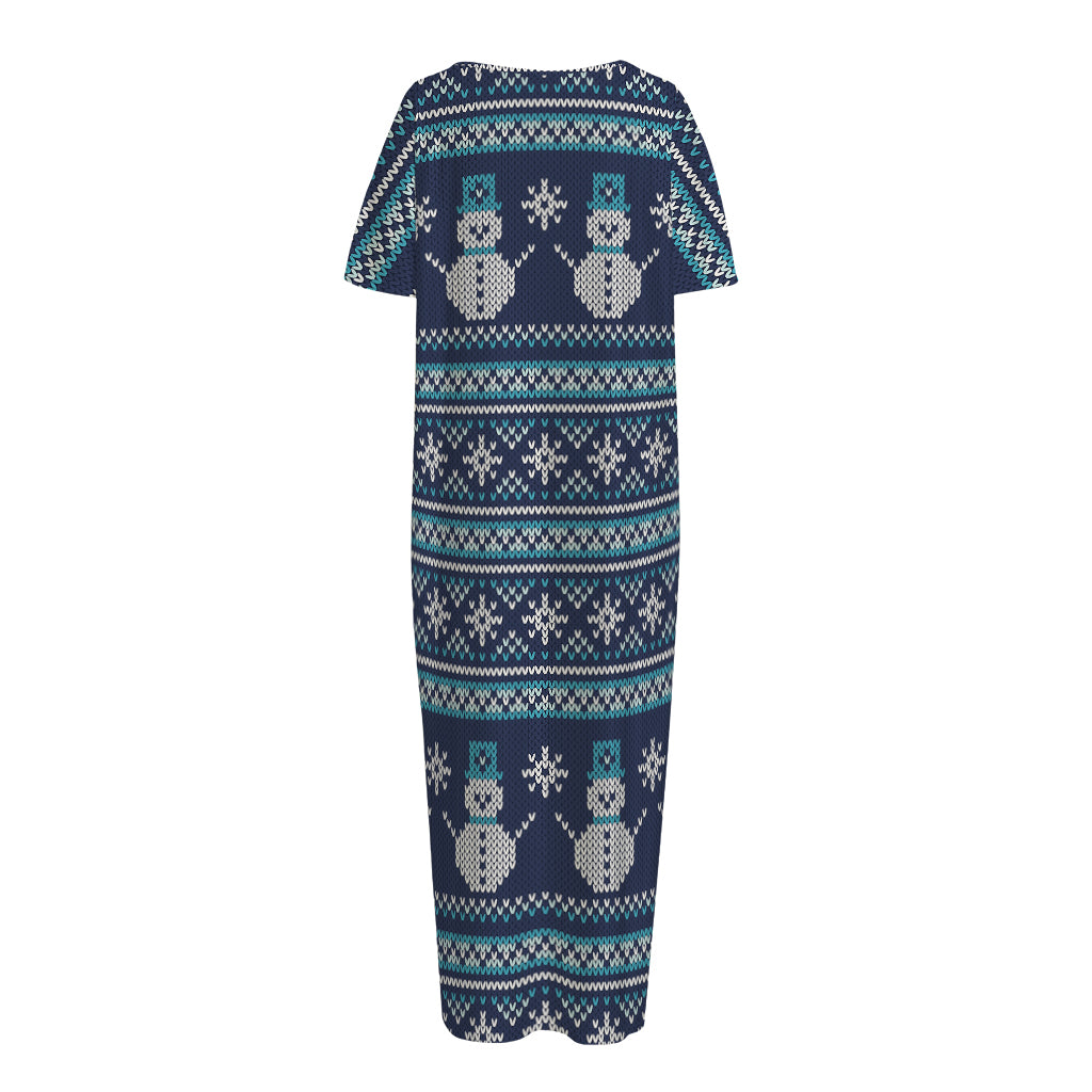 Christmas Snowman Knitted Pattern Print Short Sleeve Long Nightdress