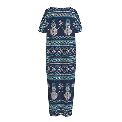 Christmas Snowman Knitted Pattern Print Short Sleeve Long Nightdress