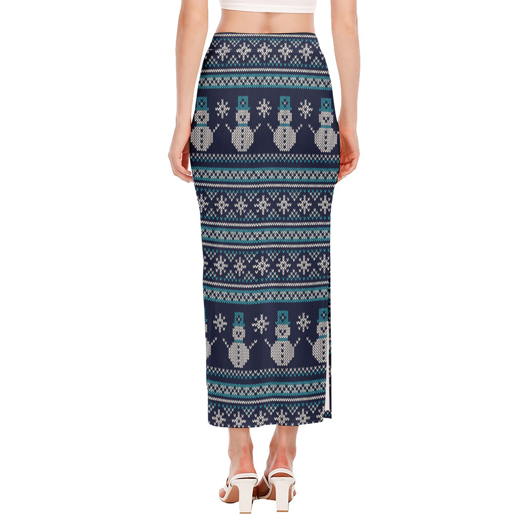 Christmas Snowman Knitted Pattern Print Side Slit Maxi Skirt