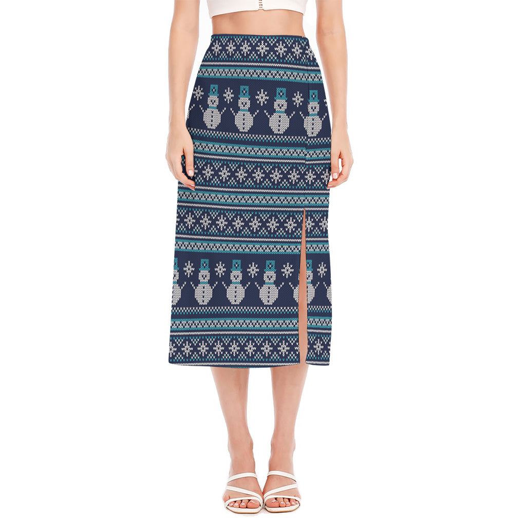 Christmas Snowman Knitted Pattern Print Side Slit Midi Skirt