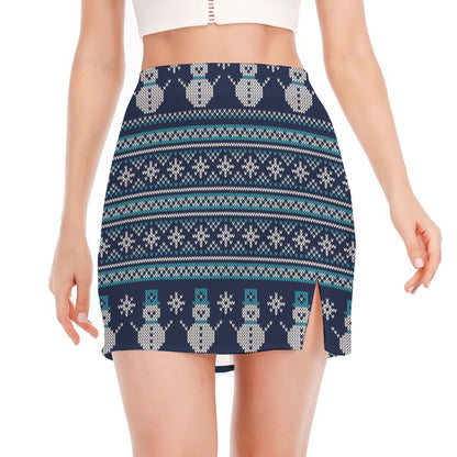 Christmas Snowman Knitted Pattern Print Side Slit Mini Skirt