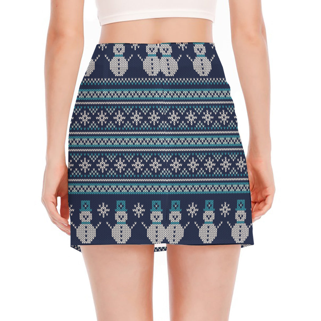 Christmas Snowman Knitted Pattern Print Side Slit Mini Skirt