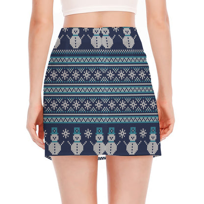 Christmas Snowman Knitted Pattern Print Side Slit Mini Skirt
