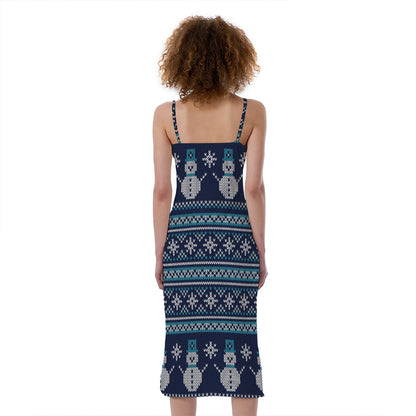 Christmas Snowman Knitted Pattern Print Slim Fit Midi Cami Dress