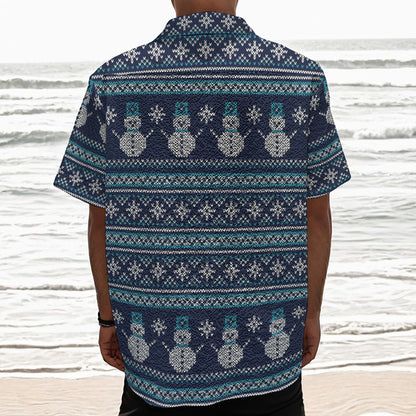 Christmas Snowman Knitted Pattern Print Textured Short Sleeve Shirt