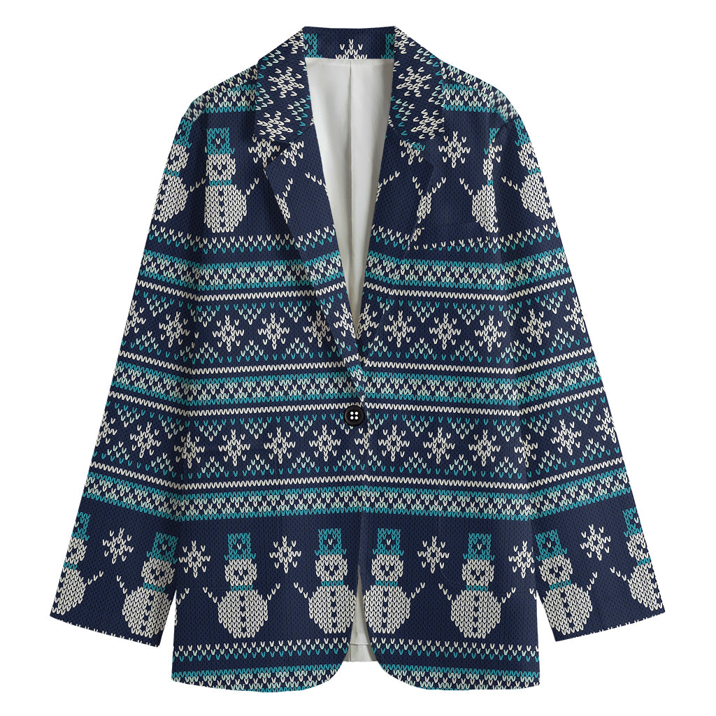 Christmas Snowman Knitted Pattern Print Women's Cotton Blazer