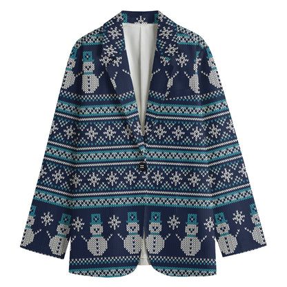 Christmas Snowman Knitted Pattern Print Women's Cotton Blazer