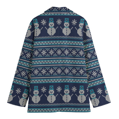 Christmas Snowman Knitted Pattern Print Women's Cotton Blazer