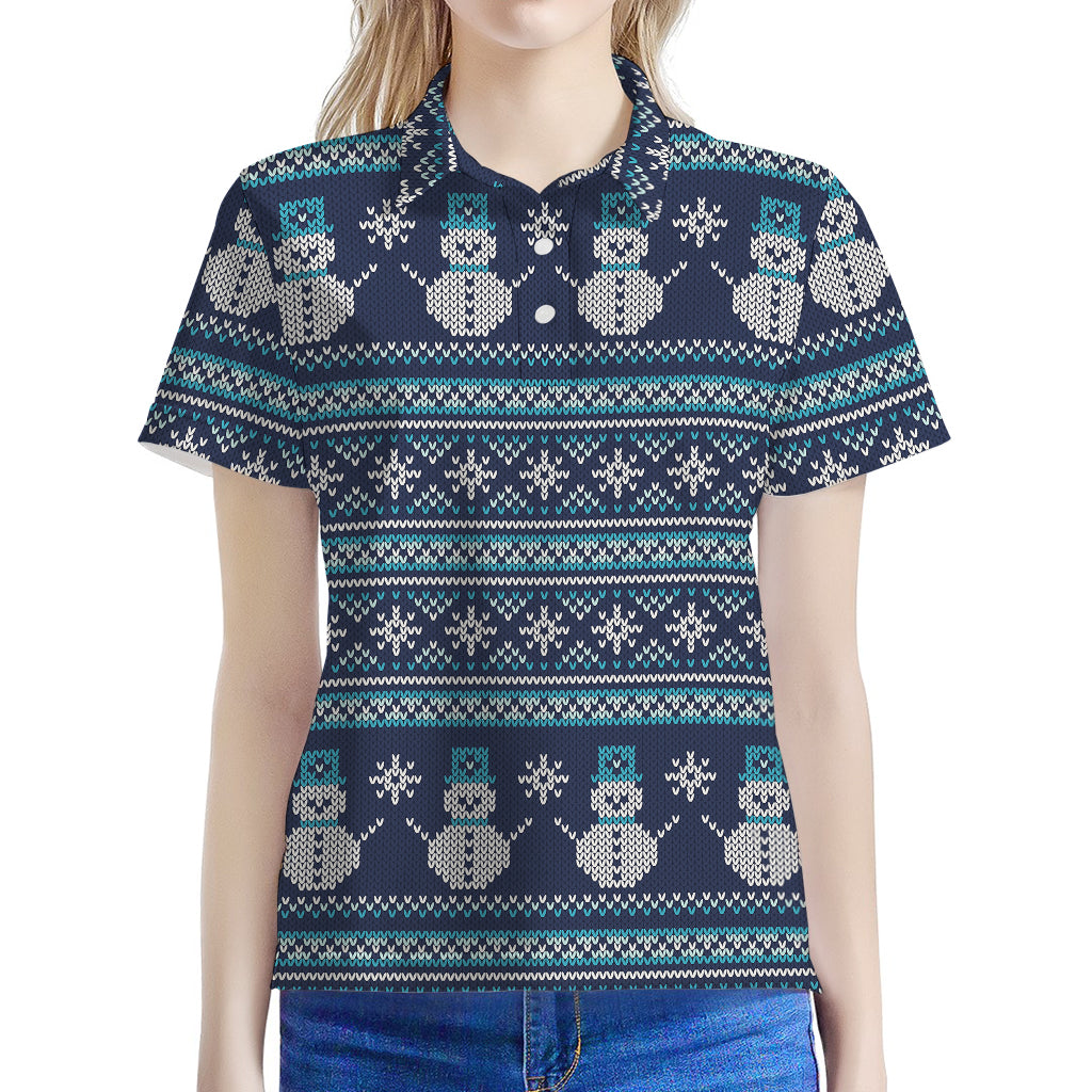 Christmas Snowman Knitted Pattern Print Women's Polo Shirt
