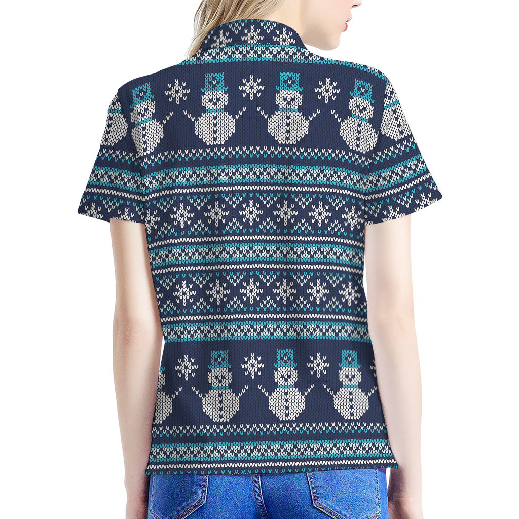 Christmas Snowman Knitted Pattern Print Women's Polo Shirt