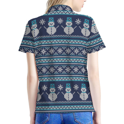 Christmas Snowman Knitted Pattern Print Women's Polo Shirt