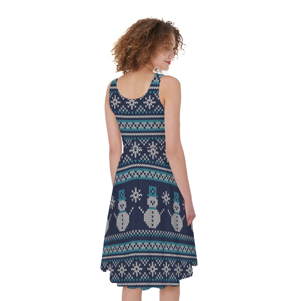 Christmas Snowman Knitted Pattern Print Women's Sleeveless Dress