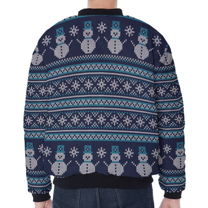 Christmas Snowman Knitted Pattern Print Zip Sleeve Bomber Jacket