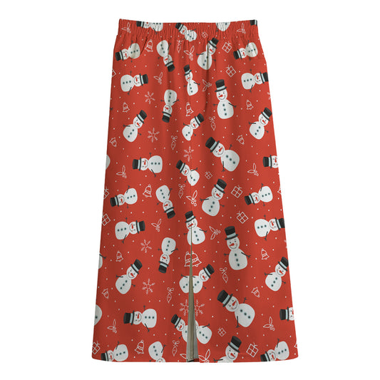 Christmas Snowman Pattern Print Cotton Front Slit Maxi Skirt