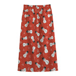 Christmas Snowman Pattern Print Cotton Front Slit Maxi Skirt
