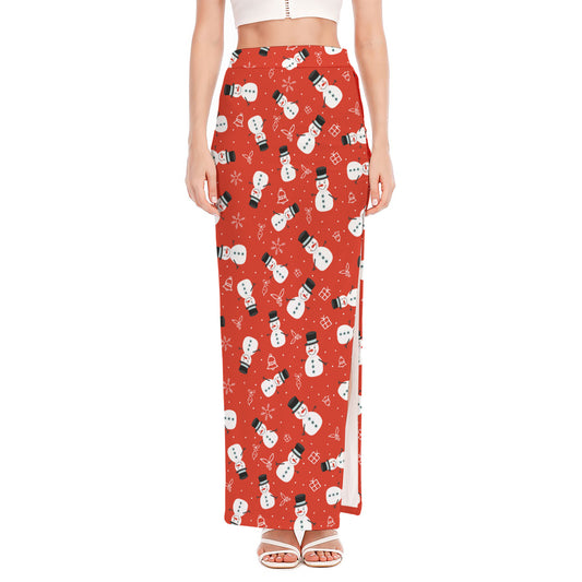 Christmas Snowman Pattern Print High Slit Maxi Skirt