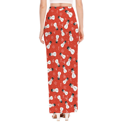 Christmas Snowman Pattern Print High Slit Maxi Skirt