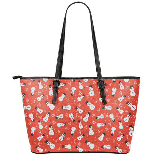 Christmas Snowman Pattern Print Leather Tote Bag