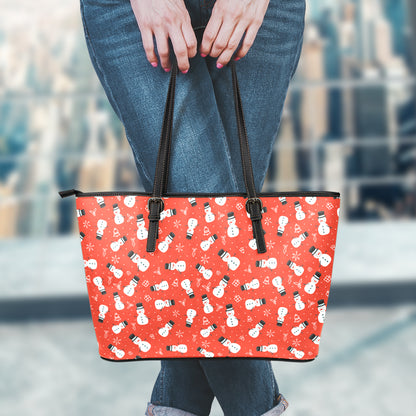 Christmas Snowman Pattern Print Leather Tote Bag