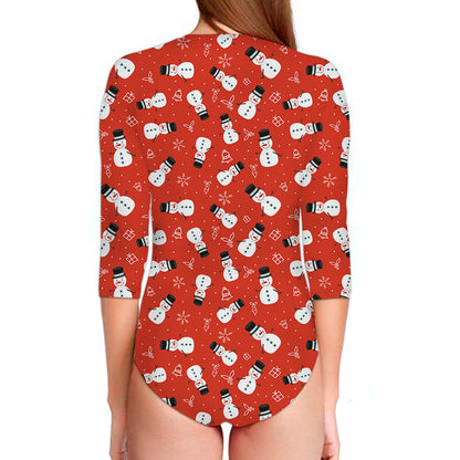 Christmas Snowman Pattern Print Long Sleeve Swimsuit