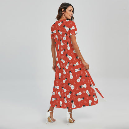 Christmas Snowman Pattern Print Short Sleeve Maxi Dress
