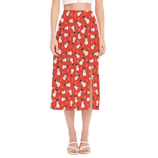 Christmas Snowman Pattern Print Side Slit Midi Skirt