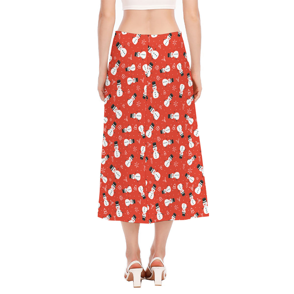Christmas Snowman Pattern Print Side Slit Midi Skirt
