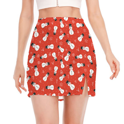 Christmas Snowman Pattern Print Side Slit Mini Skirt