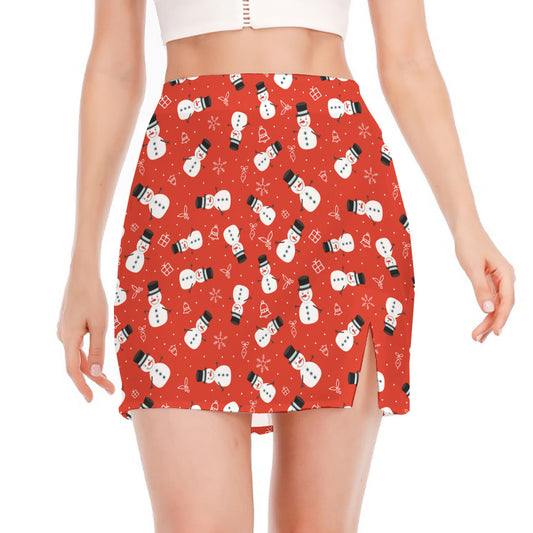 Christmas Snowman Pattern Print Side Slit Mini Skirt