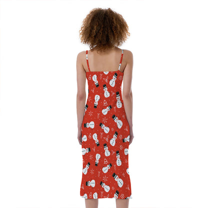 Christmas Snowman Pattern Print Slim Fit Midi Cami Dress