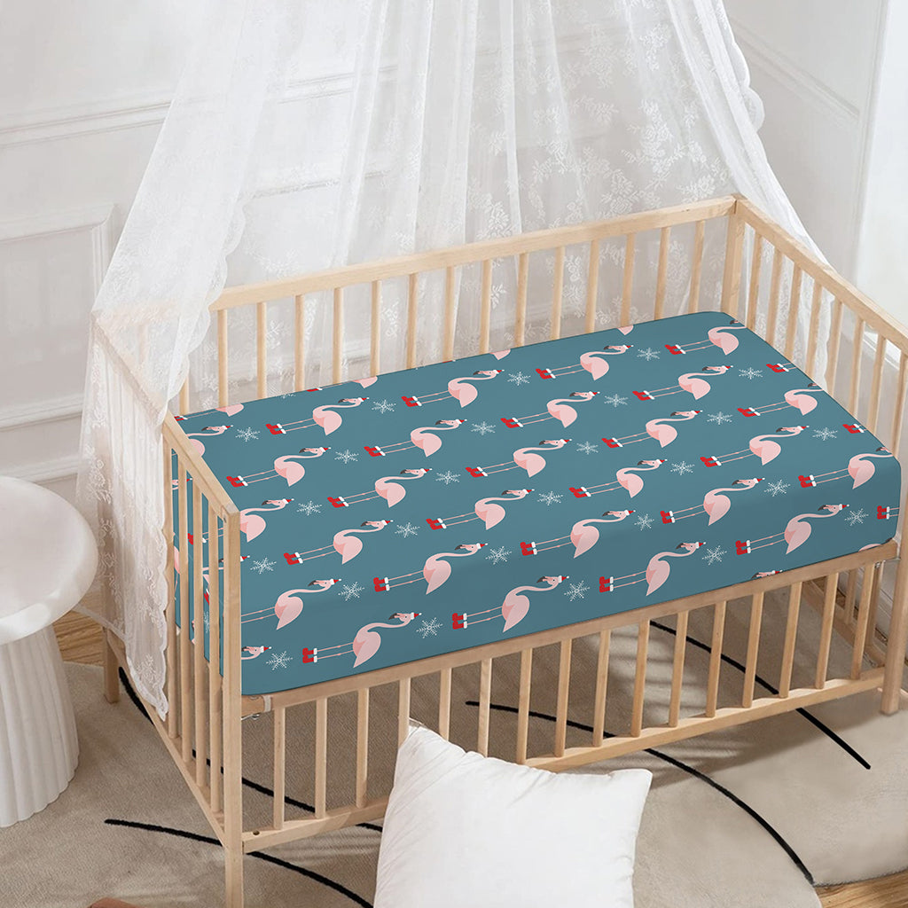 Christmas Snowy Flamingo Pattern Print Baby Crib Sheet