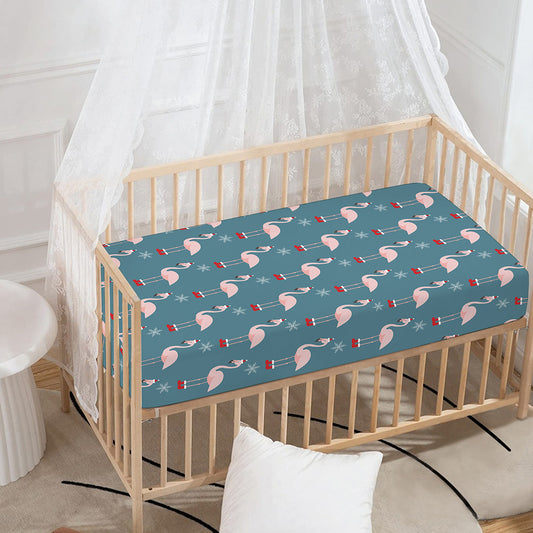 Christmas Snowy Flamingo Pattern Print Baby Crib Sheet