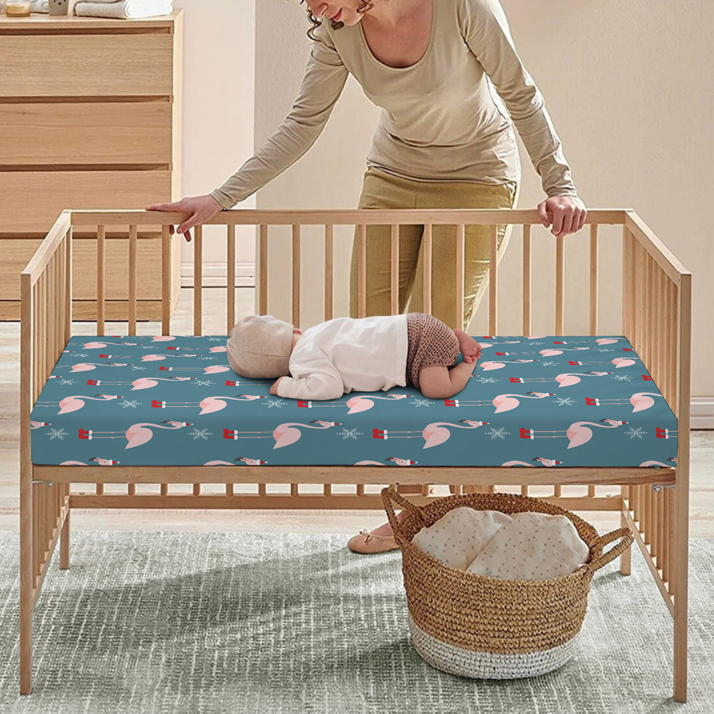 Christmas Snowy Flamingo Pattern Print Baby Crib Sheet
