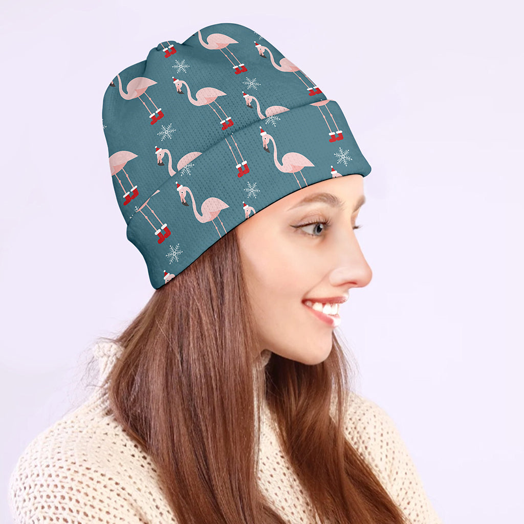 Christmas Snowy Flamingo Pattern Print Beanie