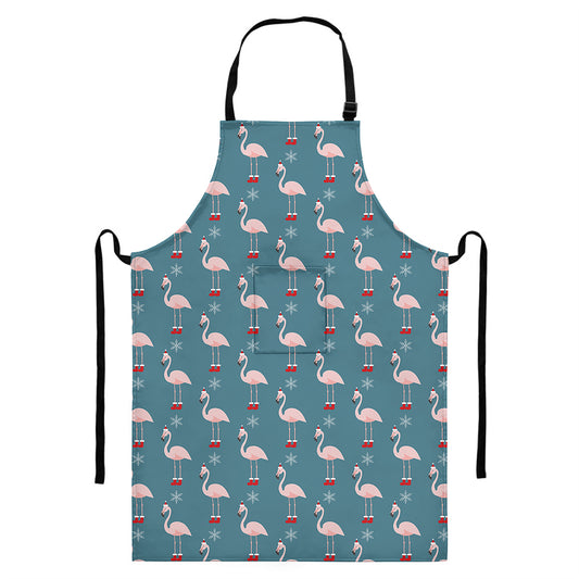 Christmas Snowy Flamingo Pattern Print Bib Apron With Pocket