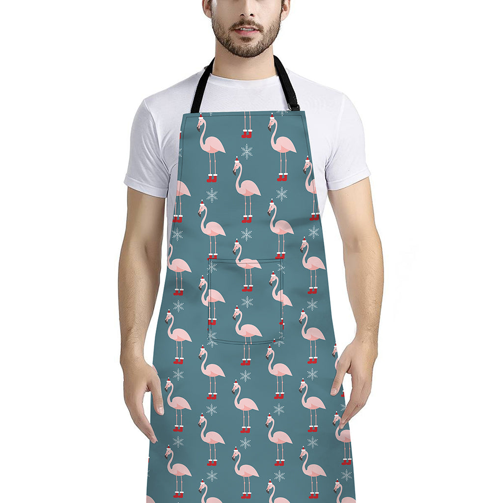 Christmas Snowy Flamingo Pattern Print Bib Apron With Pocket