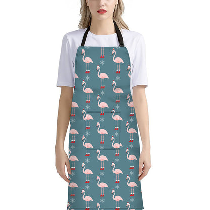 Christmas Snowy Flamingo Pattern Print Bib Apron With Pocket