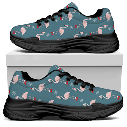 Christmas Snowy Flamingo Pattern Print Black Chunky Shoes