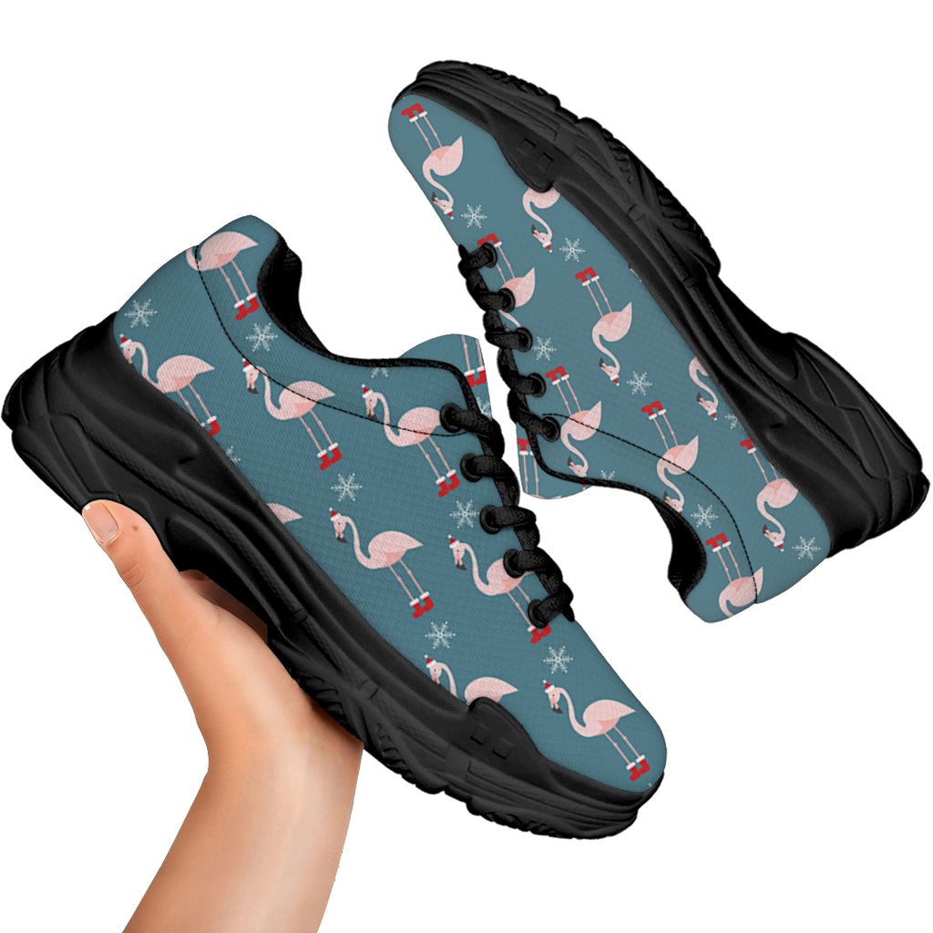Christmas Snowy Flamingo Pattern Print Black Chunky Shoes