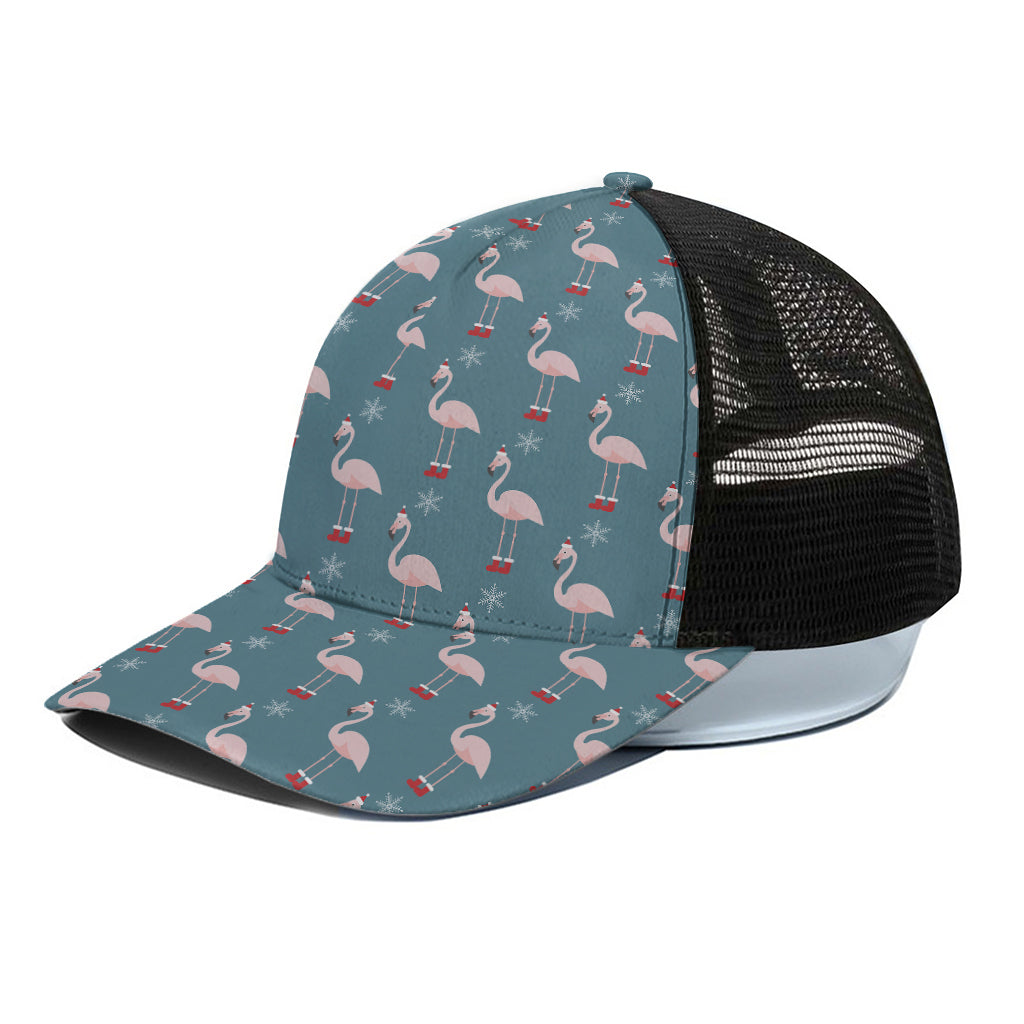 Christmas Snowy Flamingo Pattern Print Black Mesh Trucker Cap