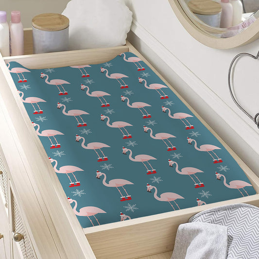 Christmas Snowy Flamingo Pattern Print Changing Pad Cover