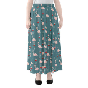 Christmas Snowy Flamingo Pattern Print Chiffon Maxi Skirt