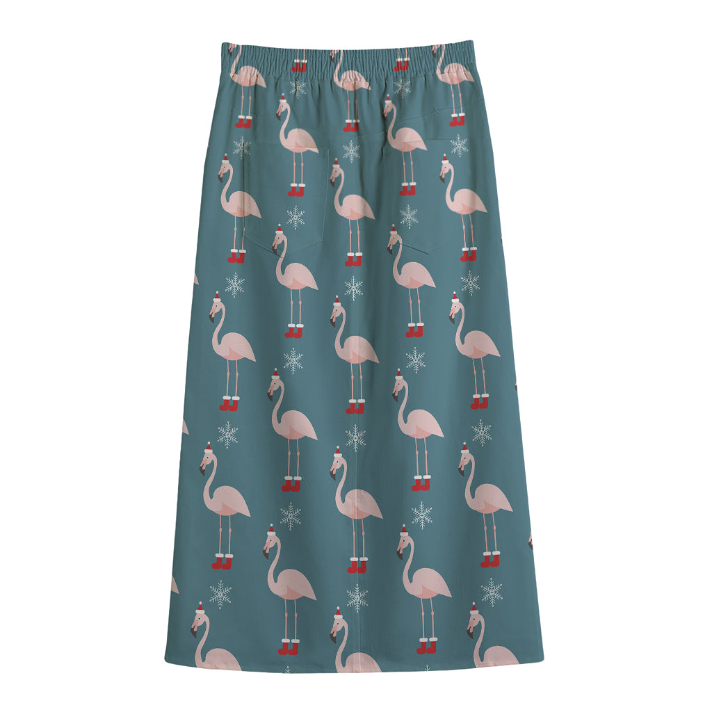 Christmas Snowy Flamingo Pattern Print Cotton Front Slit Maxi Skirt