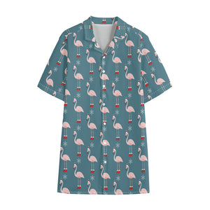 Christmas Snowy Flamingo Pattern Print Cotton Hawaiian Shirt