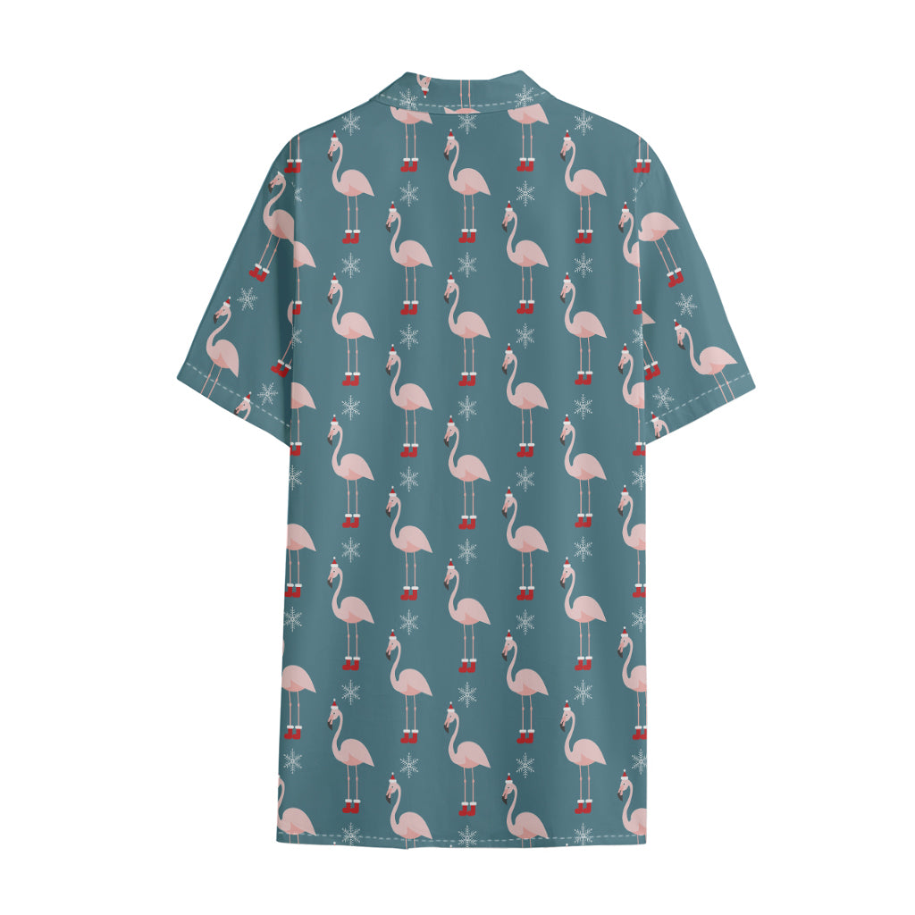 Christmas Snowy Flamingo Pattern Print Cotton Hawaiian Shirt