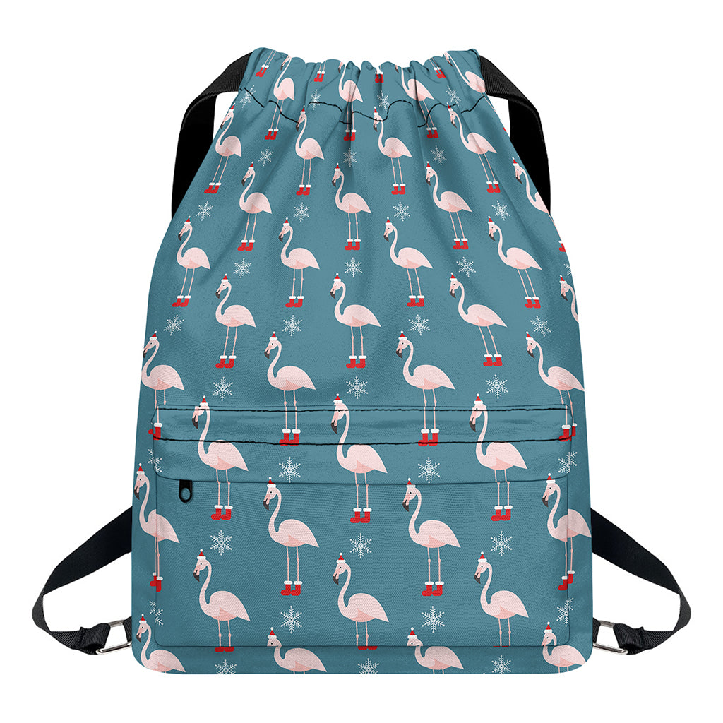 Christmas Snowy Flamingo Pattern Print Drawstring Backpack