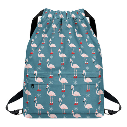 Christmas Snowy Flamingo Pattern Print Drawstring Backpack