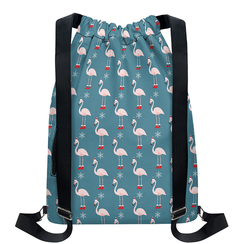 Christmas Snowy Flamingo Pattern Print Drawstring Backpack